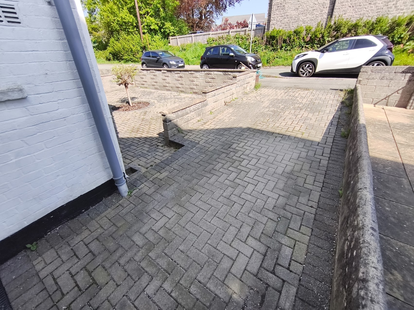 Before driveway cleaning: weathered paving with dirt and moss